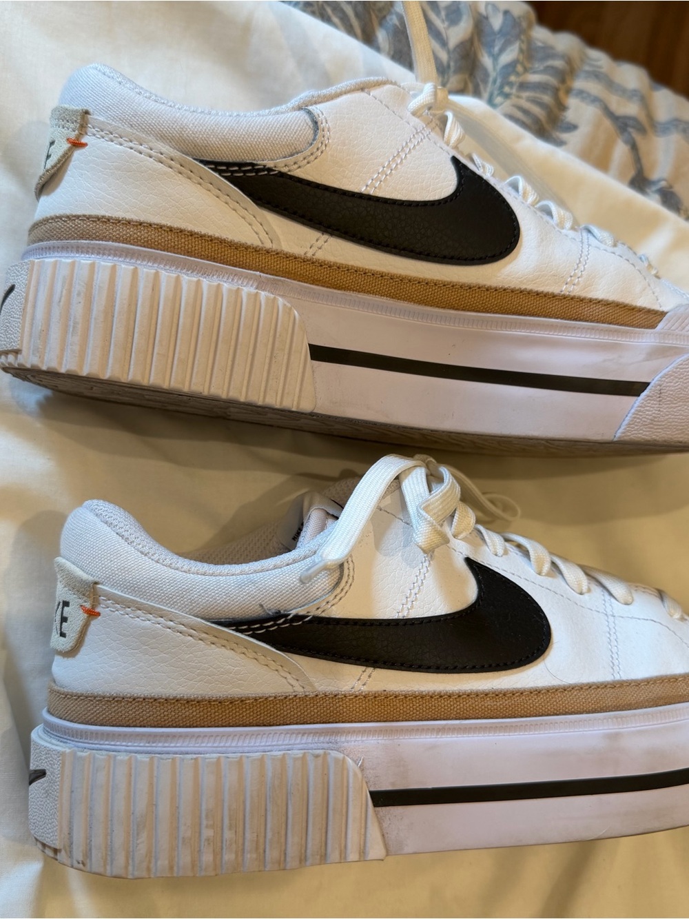 Nike Women’s Platform White Sneakers with Black Swoosh and Tan Accent